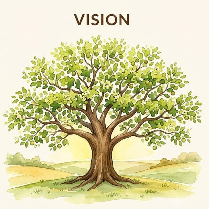 A stylized watercolor illustration of a large green tree with a brown trunk, centered on a light cream background, with the word "VISION" printed above and below the tree.